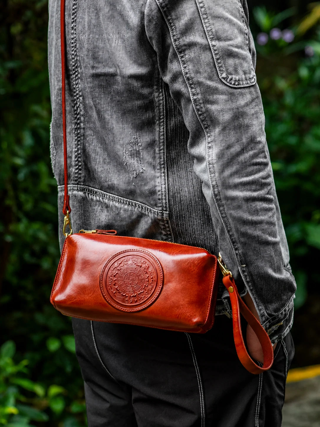 vintage brown nine-palace medallion leather biker crossbody wallet