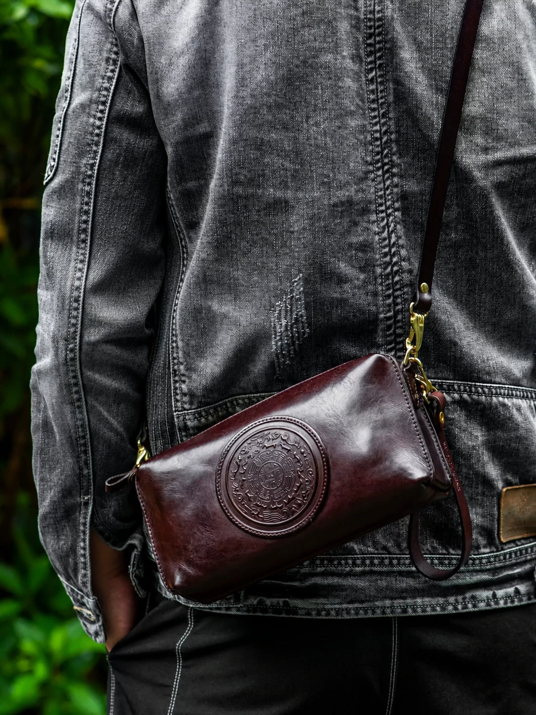mocha brown nine-palace medallion leather biker crossbody wallet