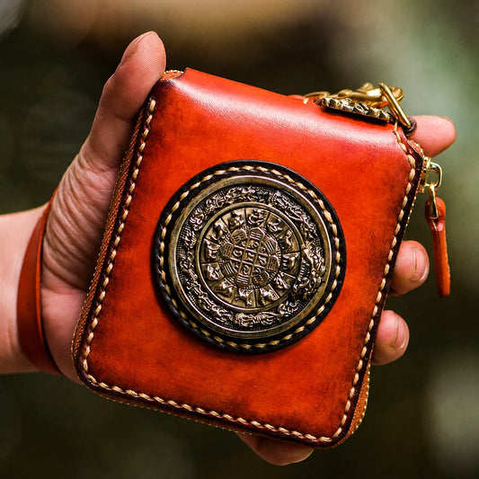 nine-palace medallion top-grain leather short biker wallet handheld view