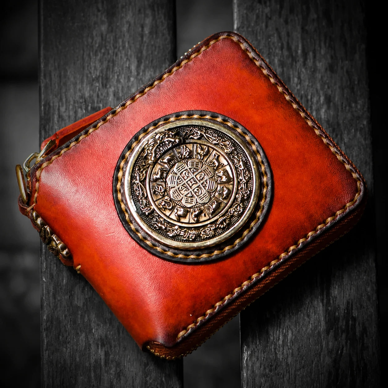 nine-palace medallion leather short biker wallet angled view