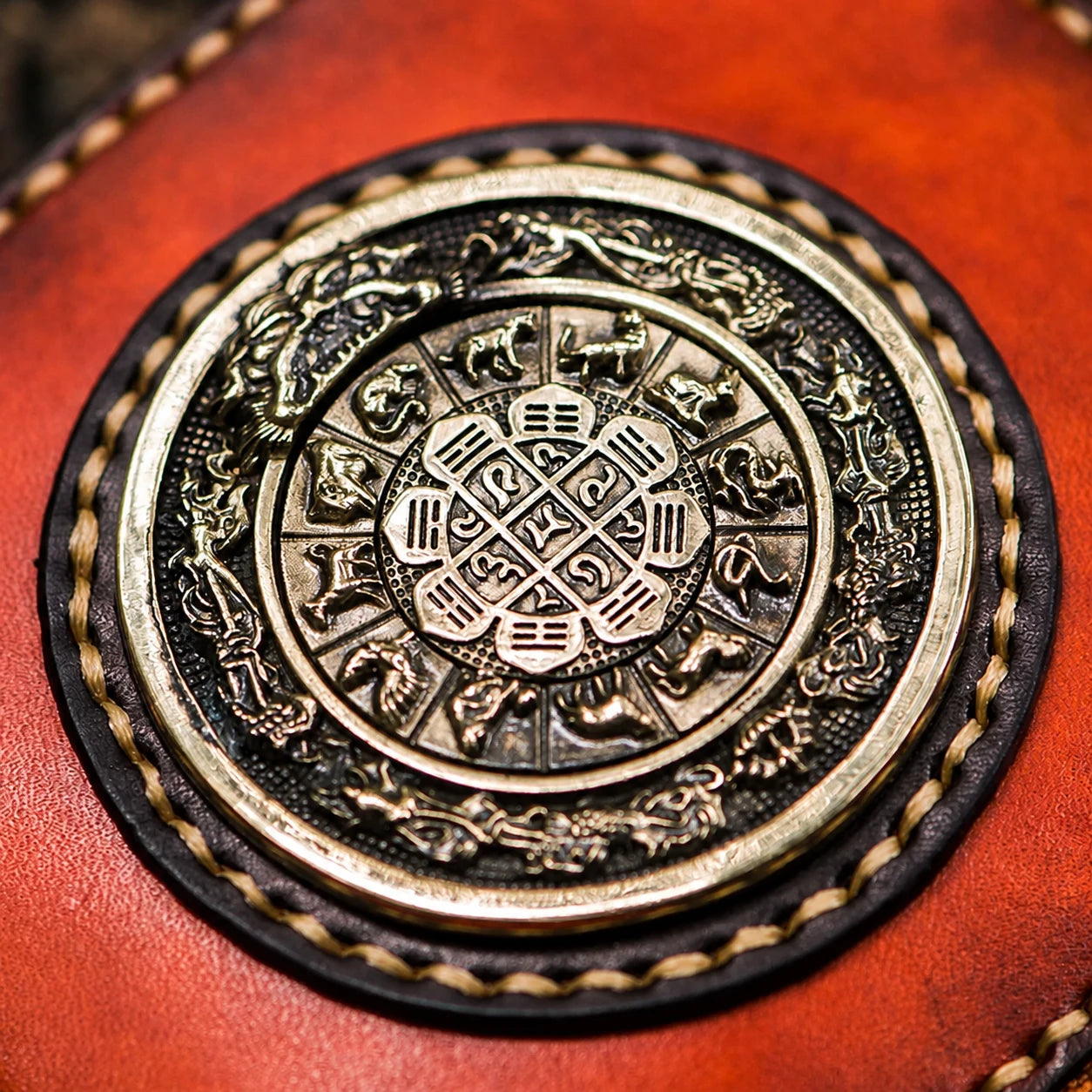 embossed rotating nine-palace medallion close-up