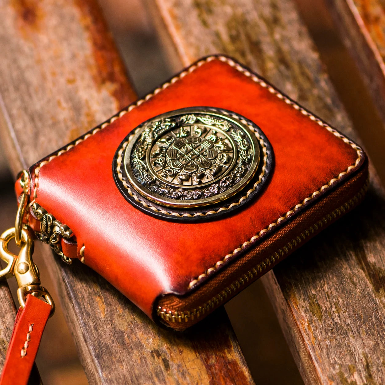 red-brown nine-palace leather short biker wallet with wrist strap