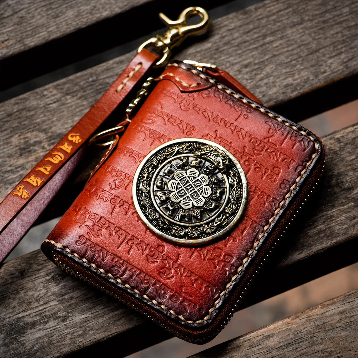 Nine Palace leather biker wallet with mantra wrist strap