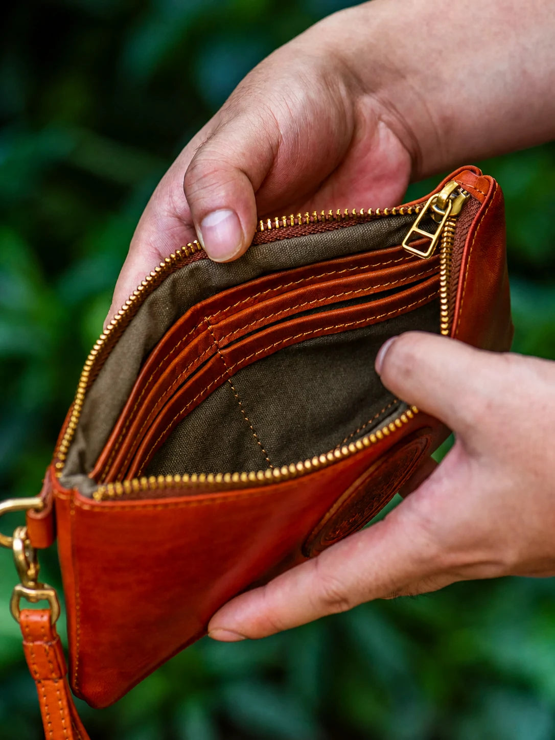 organized card slots inside vintage brown zip biker wallet