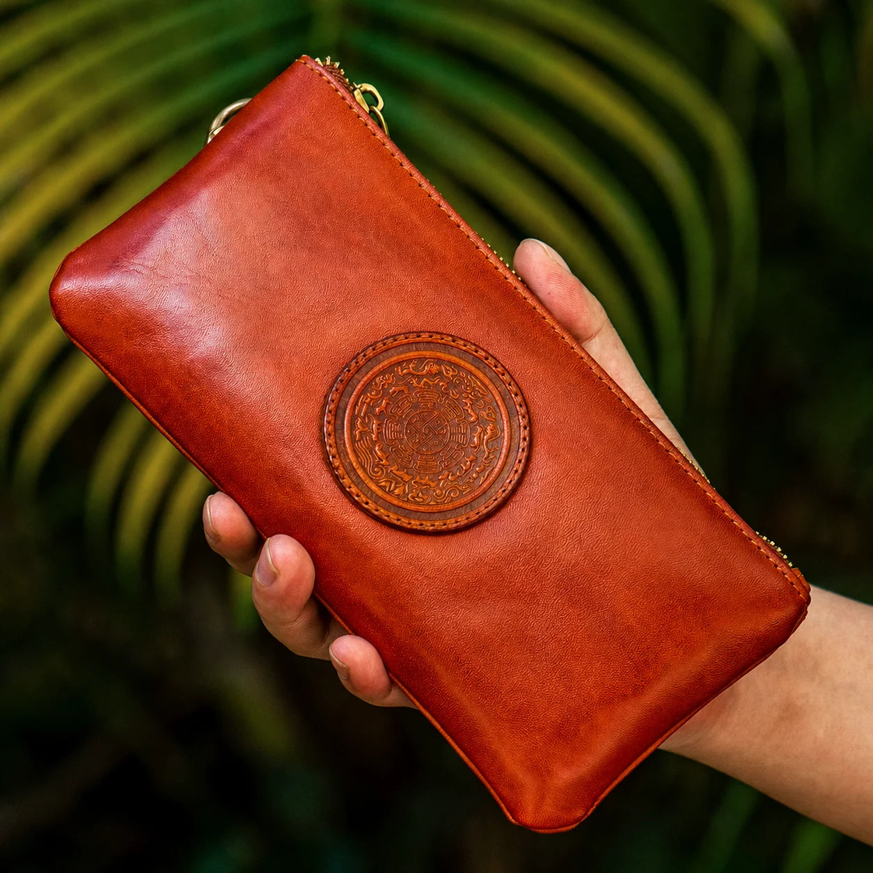 square view of vintage brown top-grain leather biker wallet