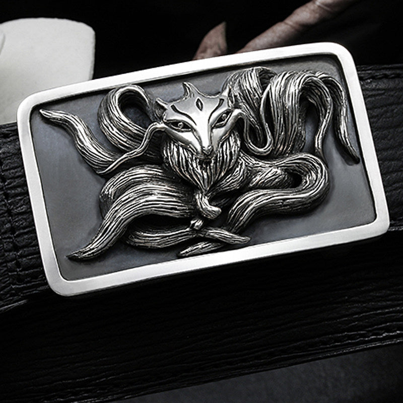 Nine-Tailed Fox Silver Shark Leather Biker Belt — product view