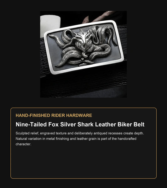 Nine-Tailed Fox Silver Shark Leather Biker Belt craftsmanship guide in English