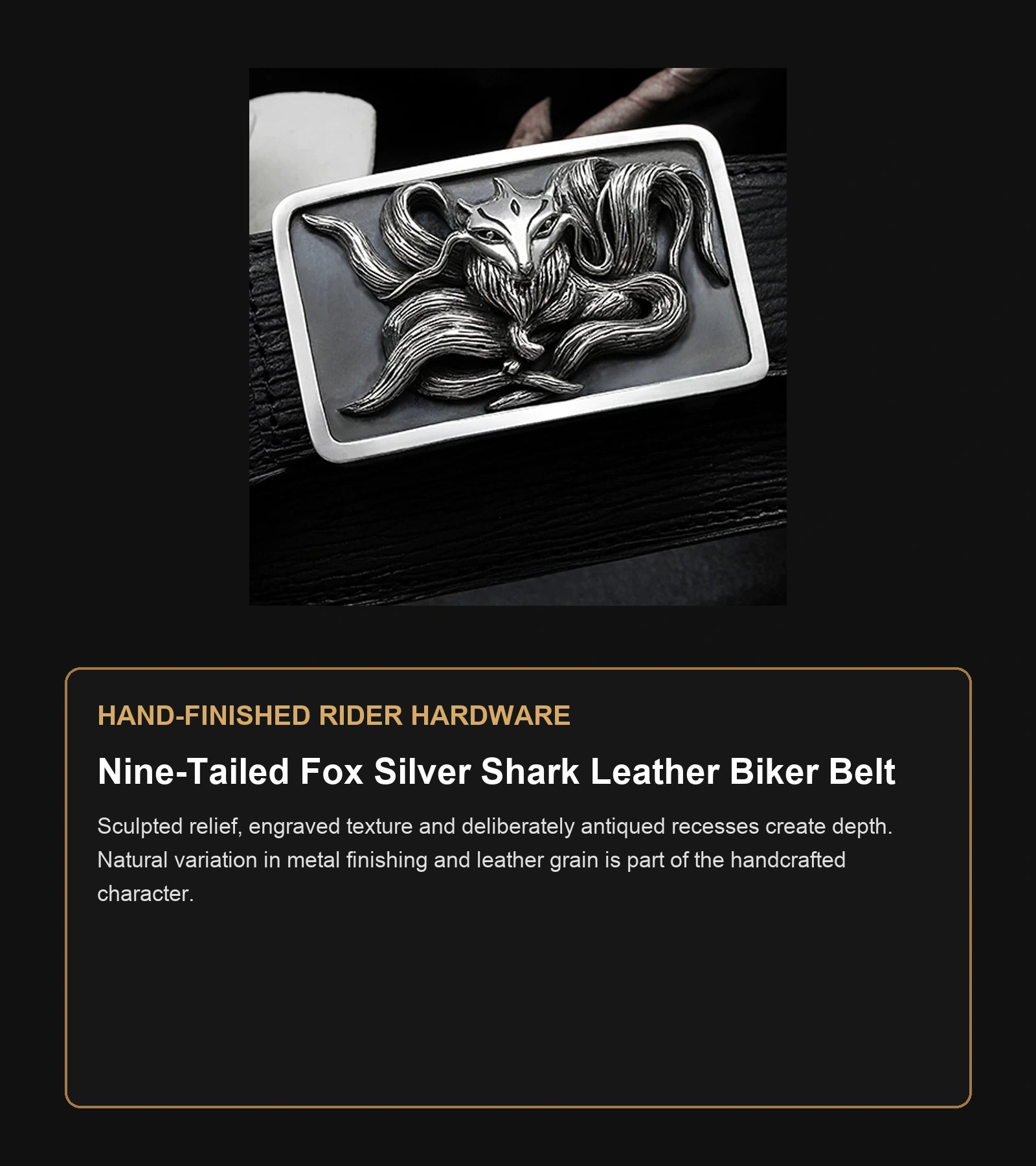 Nine-Tailed Fox Silver Shark Leather Biker Belt craftsmanship guide in English