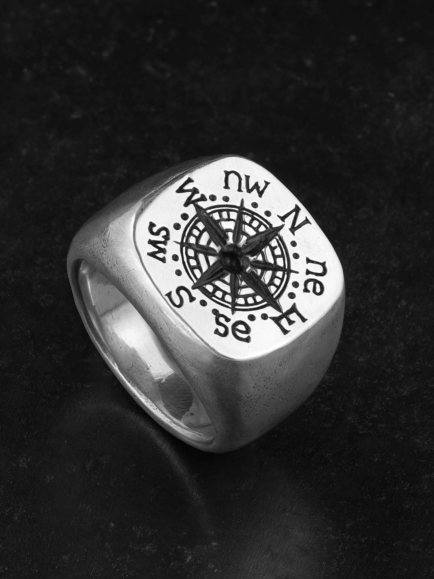 North Star Compass 925 Sterling Silver Biker Signet Ring product view 1