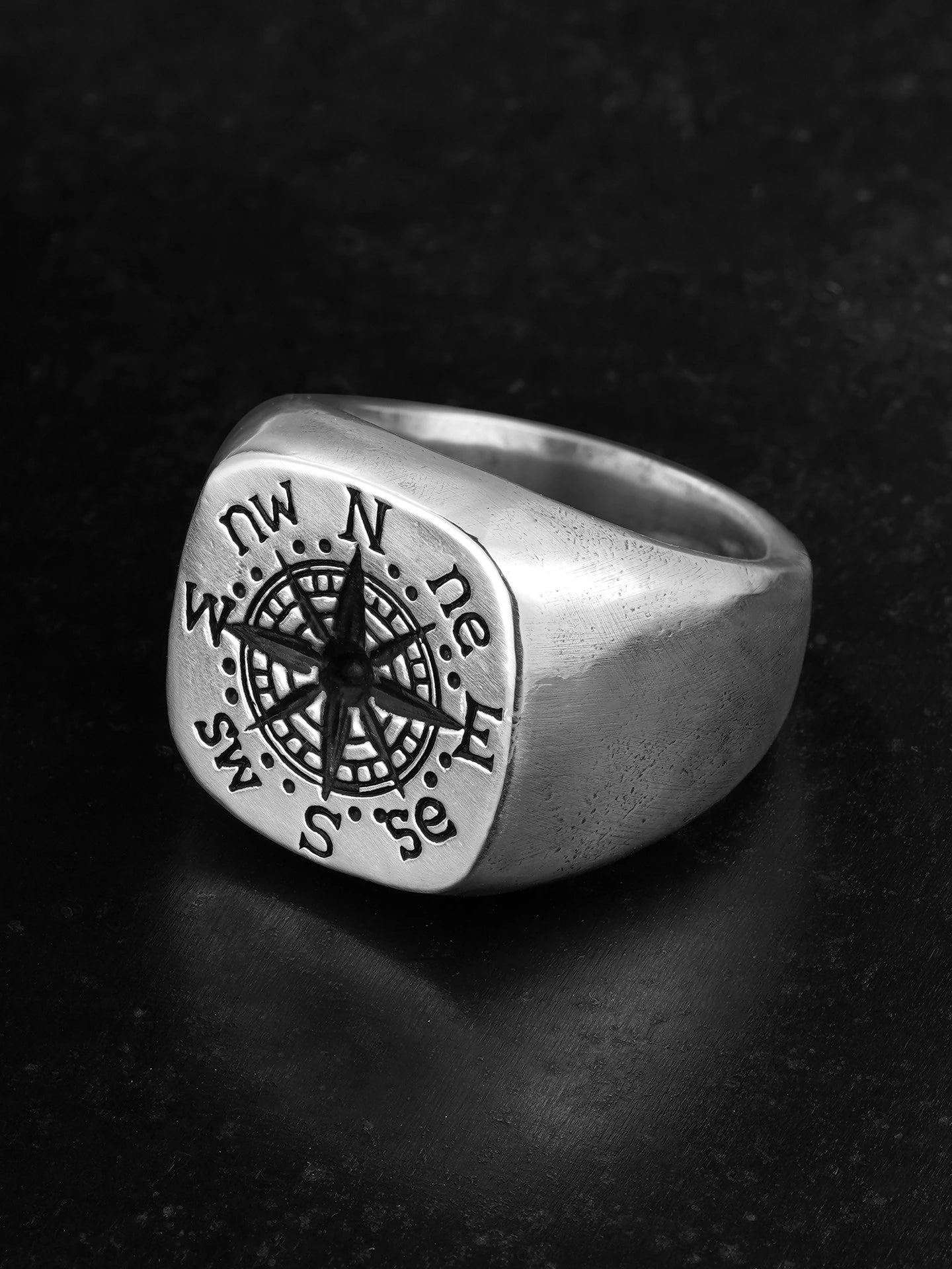 North Star Compass 925 Sterling Silver Biker Signet Ring product view 2