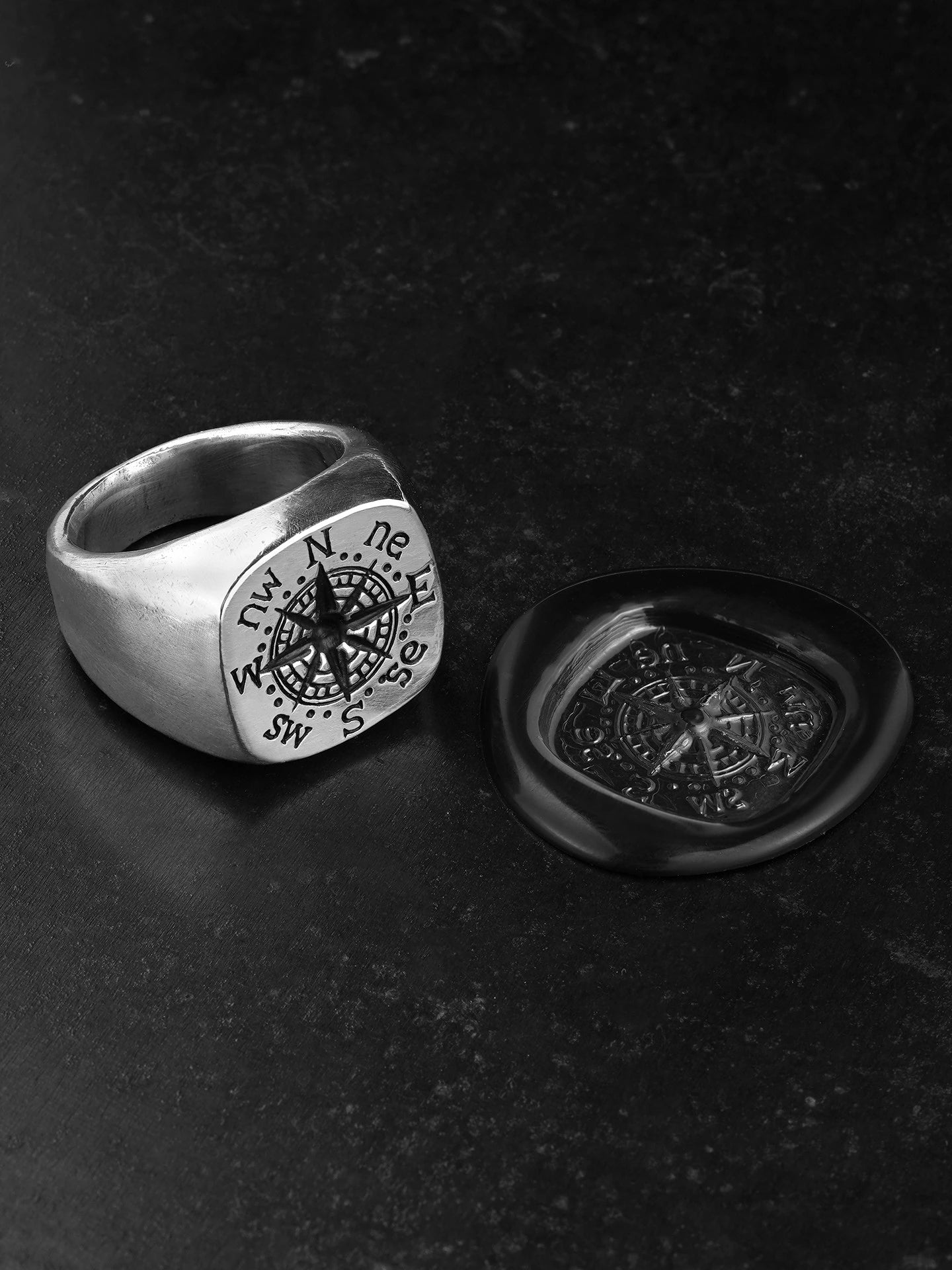 North Star Compass 925 Sterling Silver Biker Signet Ring product view 3