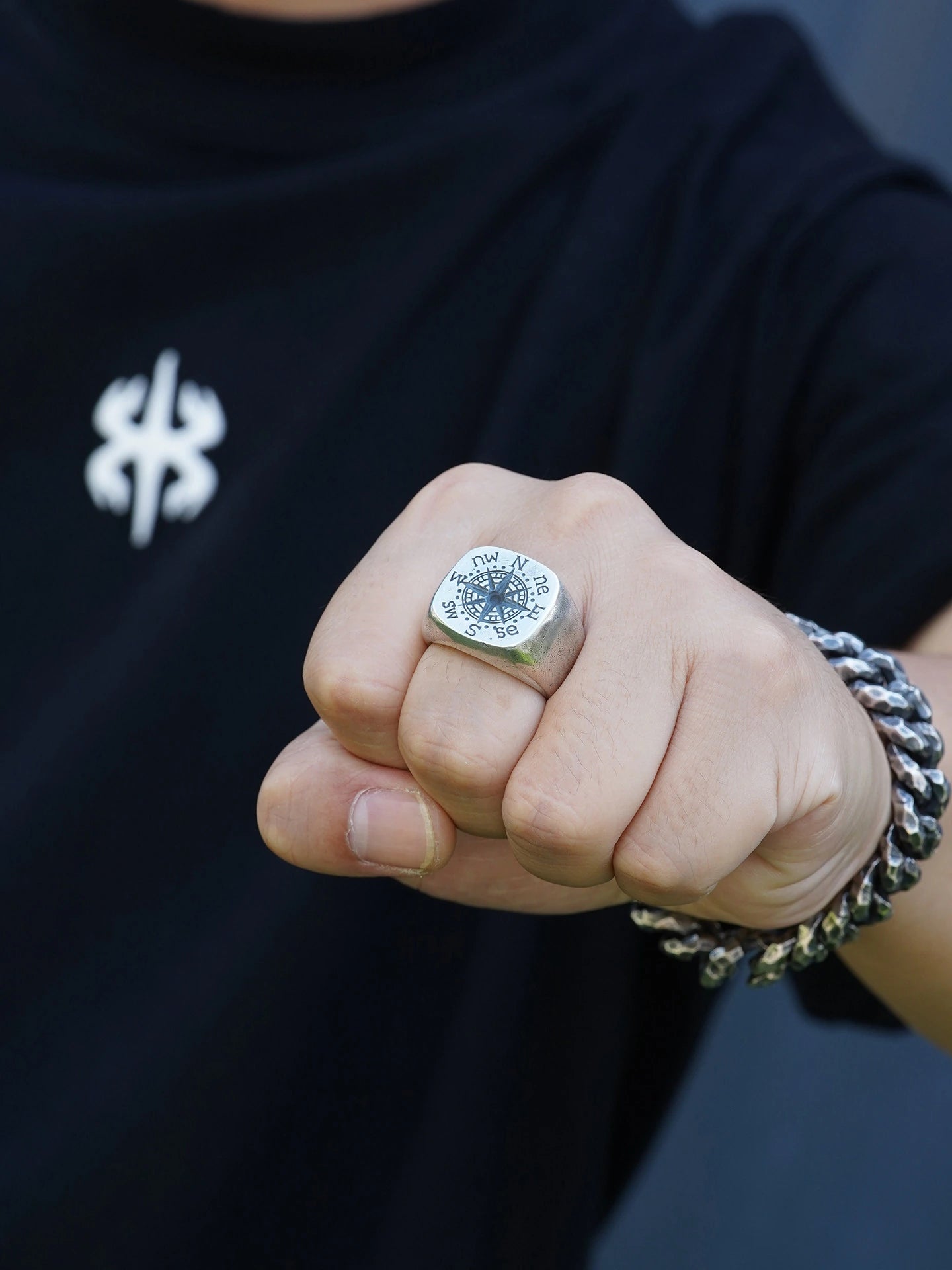 North Star Compass 925 Sterling Silver Biker Signet Ring product view 4
