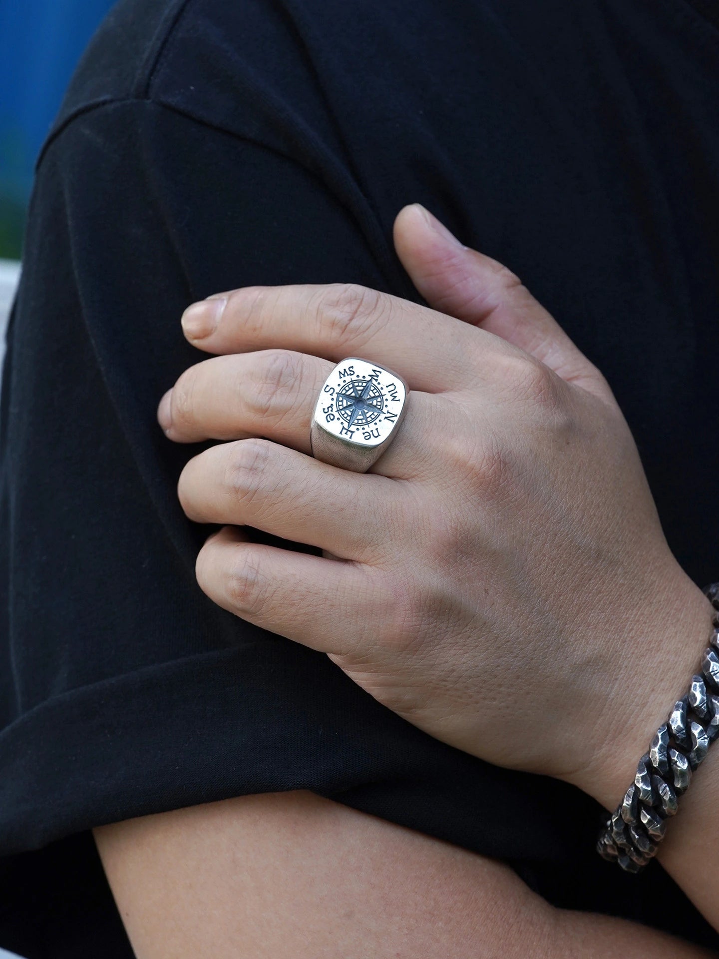 North Star Compass 925 Sterling Silver Biker Signet Ring product view 5