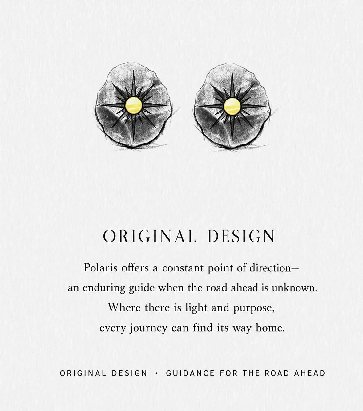 Illustrated North Star stud earrings design story in English