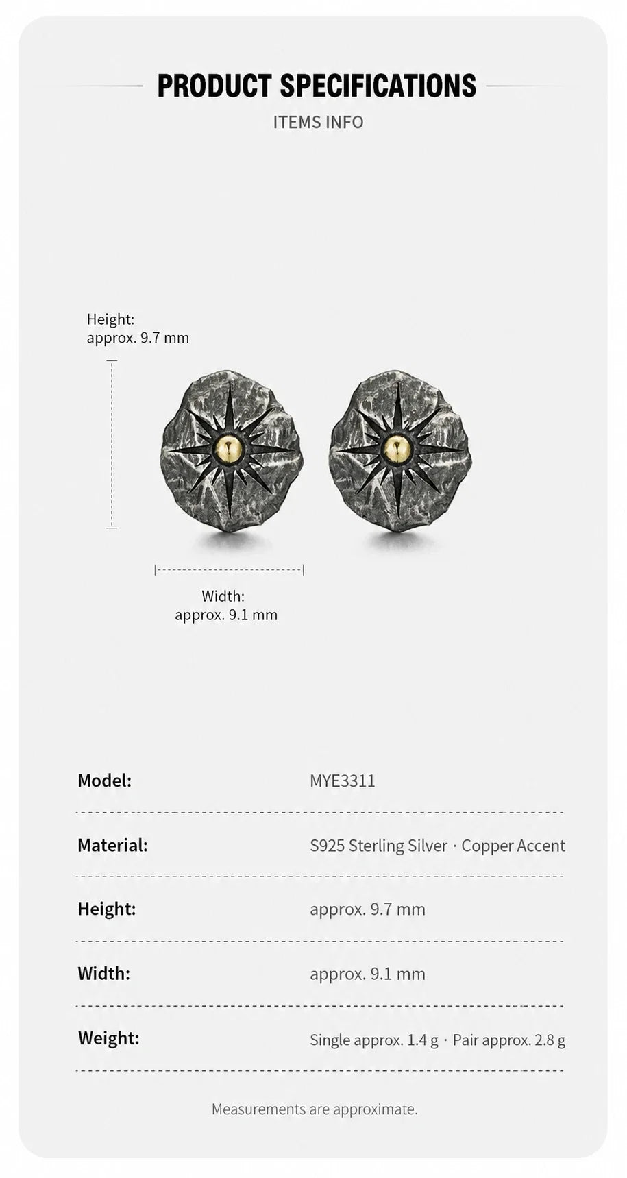 North Star stud earrings dimensions and specifications in English