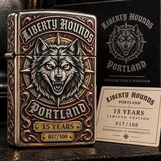 Numbered anniversary motorcycle club lighter in a presentation box with limited-edition engraving.