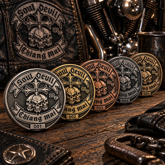 Limited-edition motorcycle club challenge coins with sequential numbering.
