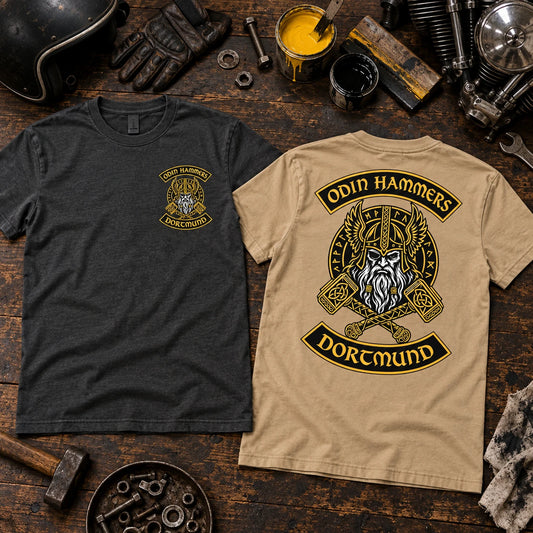 Odin Hammers Dortmund motorcycle club T-shirts showing a small left-chest emblem on the front and the complete authorized logo across the back.