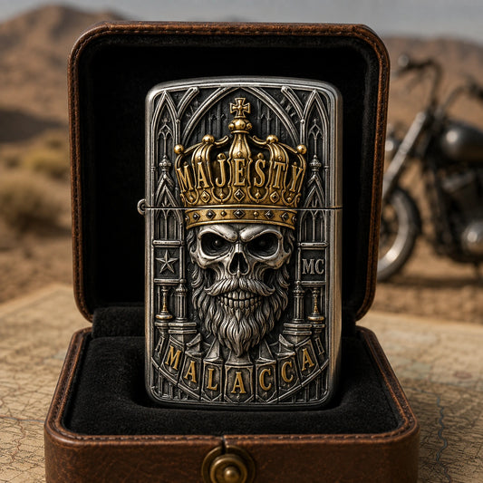 Premium officer lighter with an authorized motorcycle club emblem and layered metalwork