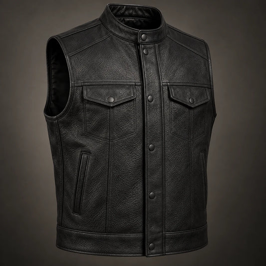 Complete buffalo motorcycle club leather vest with a hidden zipper and structured club cut.