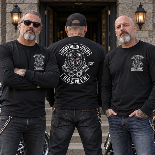 Coordinated motorcycle club long-sleeve shirts personalized for different officer positions.