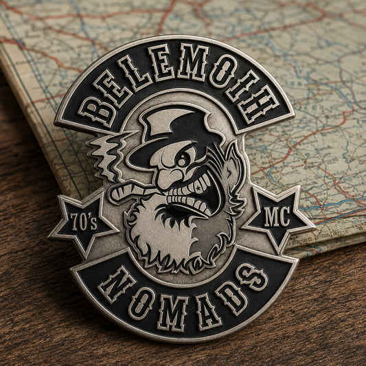 All-metal motorcycle club position pin beside a route briefing map.