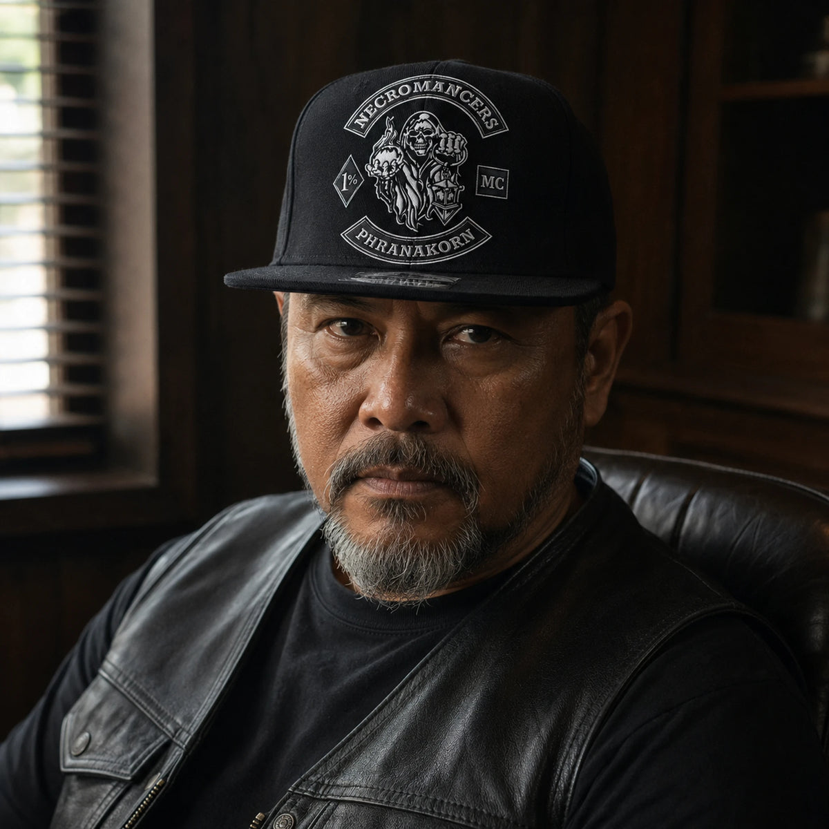 A motorcycle club officer wears a premium black flat-brim cap with a carefully finished official emblem.