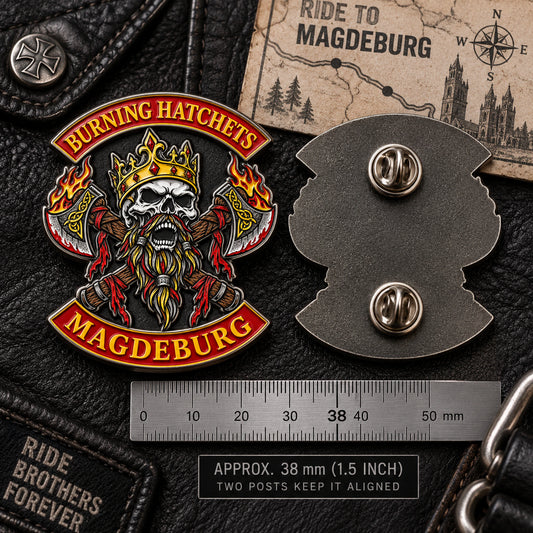 One-and-a-half-inch detailed motorcycle event pin with two posts to keep it aligned on a vest.