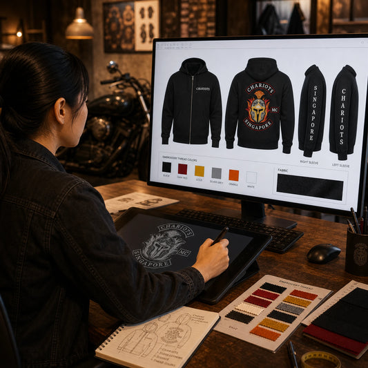A designer remotely creates a Chariots Singapore hoodie proof with separate back, chest and full-length sleeve artwork.