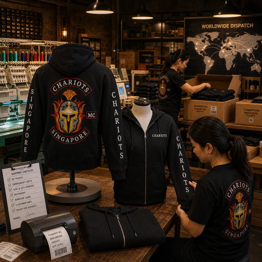 Approved Chariots Singapore hoodies with back, chest and sleeve decoration are quality checked and packed for worldwide shipping.