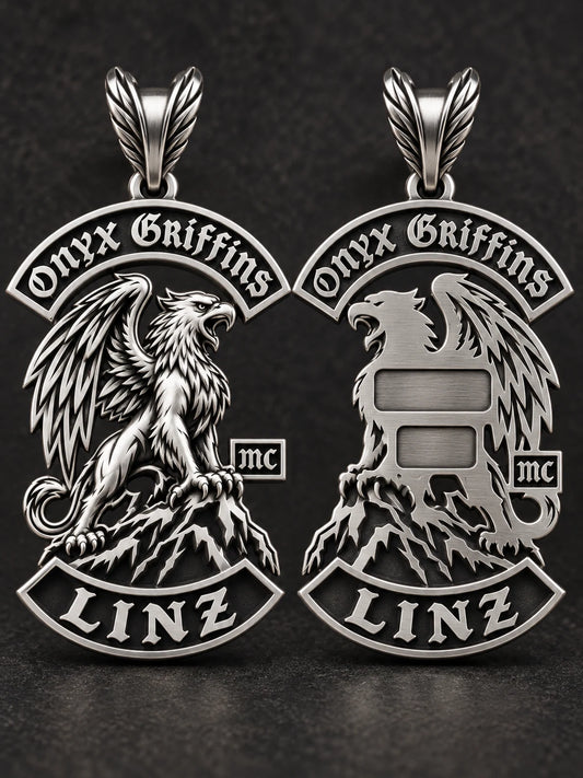 Front and back views of an Onyx Griffins custom stainless steel motorcycle club pendant with personalization areas.