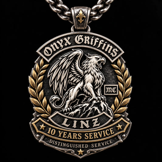 One Onyx Griffins motorcycle club recognition pendant honoring ten years of distinguished service.