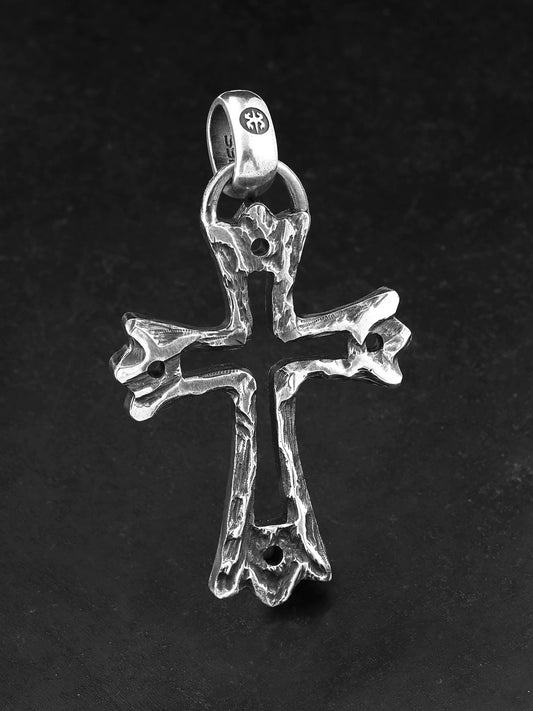 Openwork bone cross sterling silver biker pendant, front view