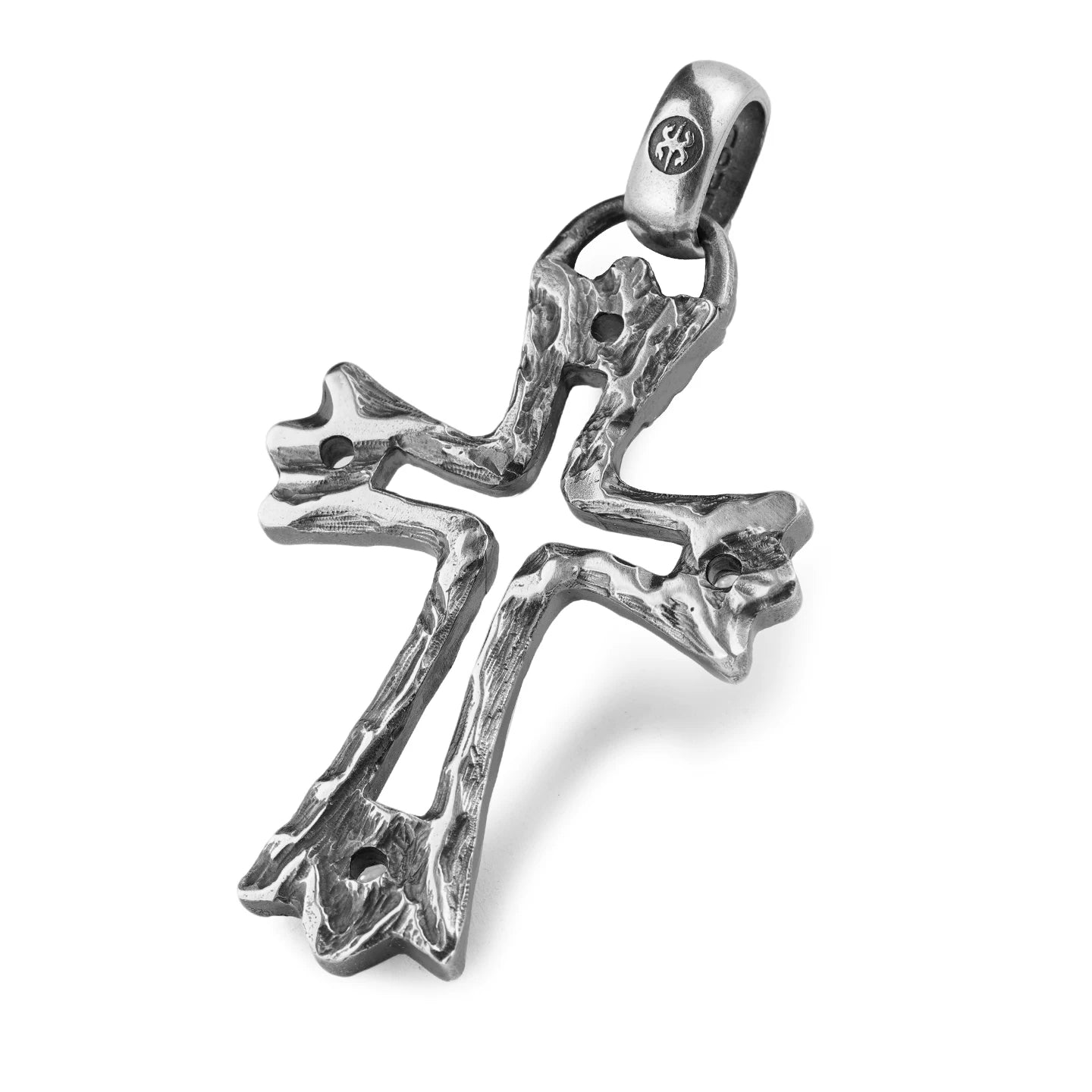 Openwork bone cross sterling silver biker pendant on white background