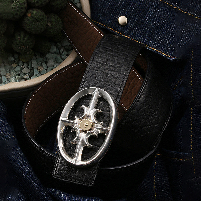 Openwork Cross Silver Leather Biker Belt — product view