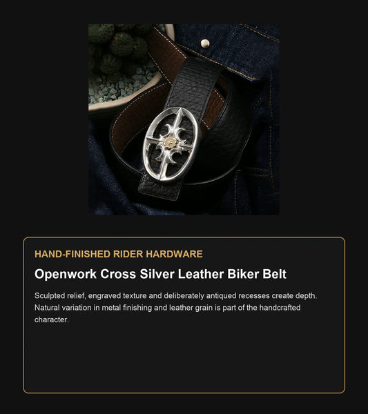 Openwork Cross Silver Leather Biker Belt craftsmanship guide in English