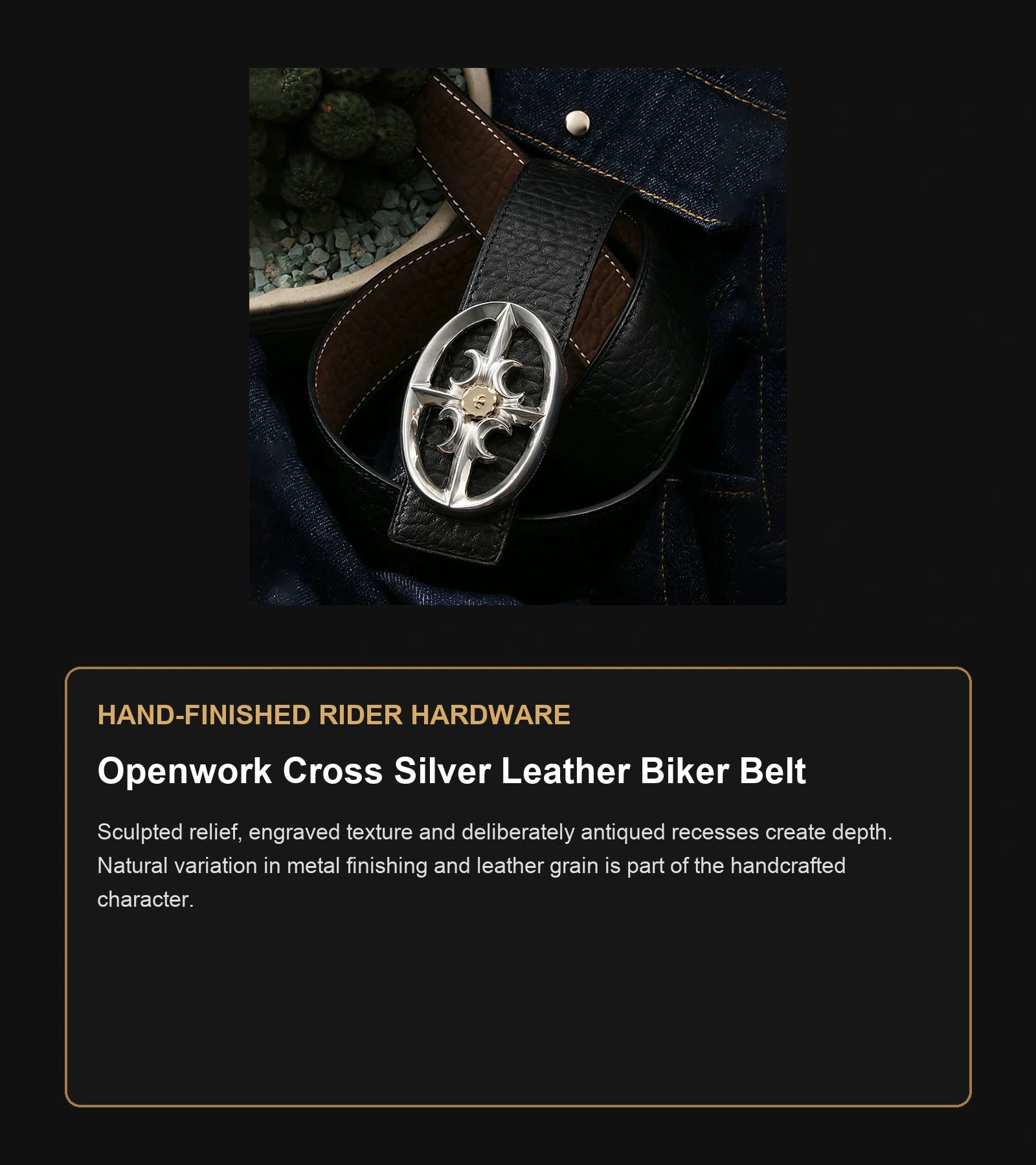 Openwork Cross Silver Leather Biker Belt craftsmanship guide in English