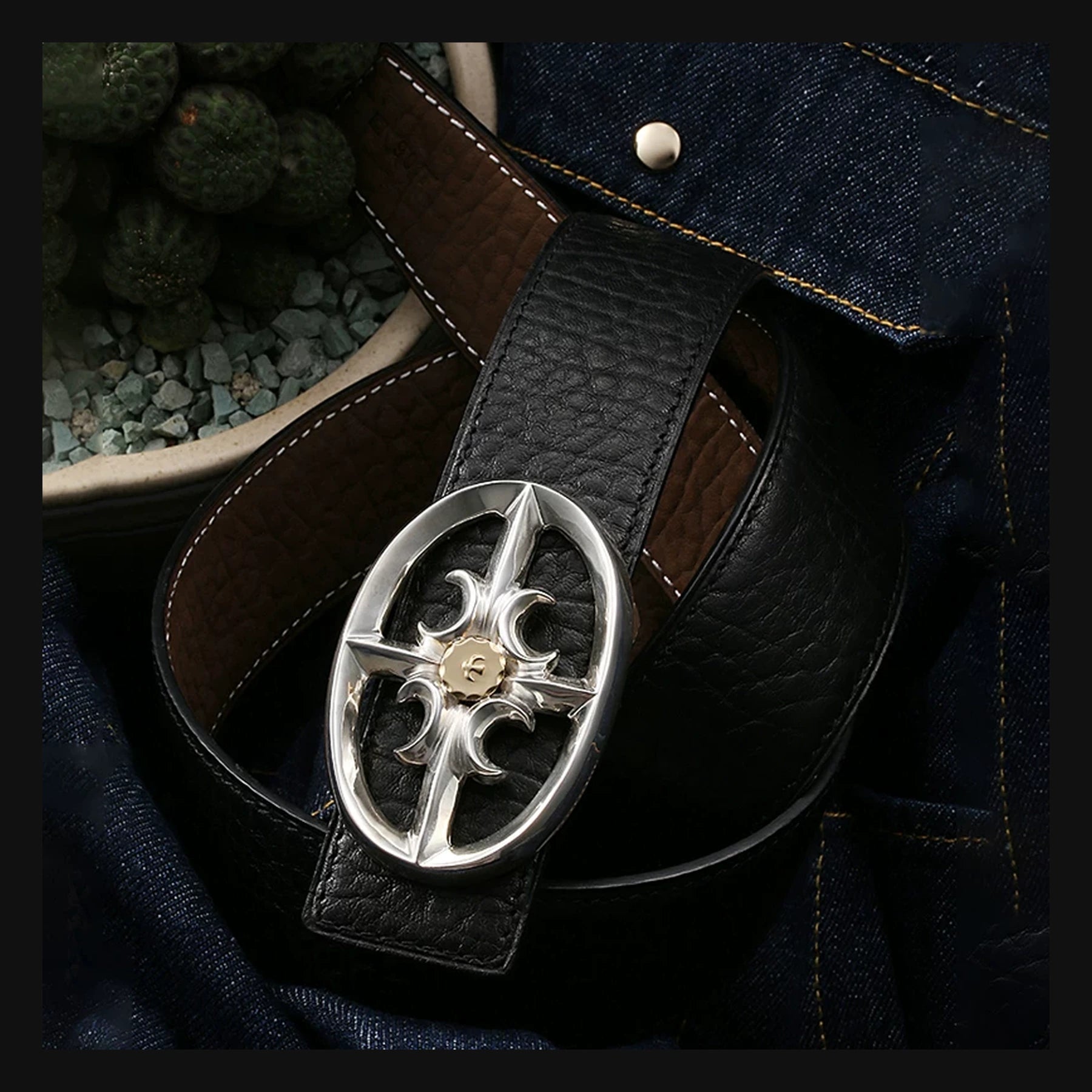 Openwork Cross Silver Leather Biker Belt product view