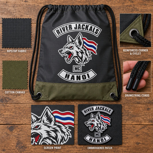 A chapter organizer approves the material, cords and artwork for a custom club drawstring bag.