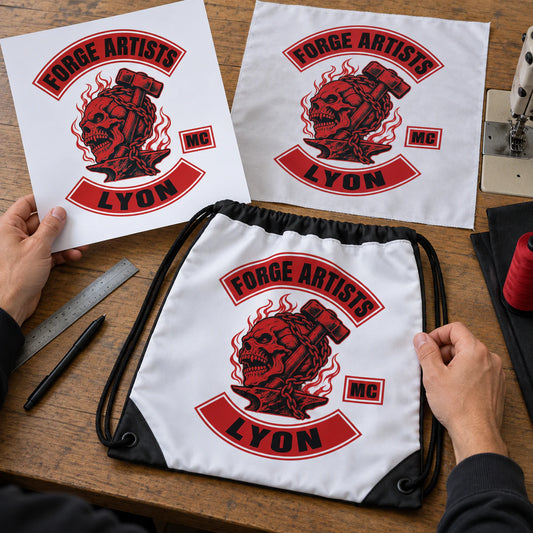 A designer prepares a custom motorcycle club drawstring bag layout from approved artwork.