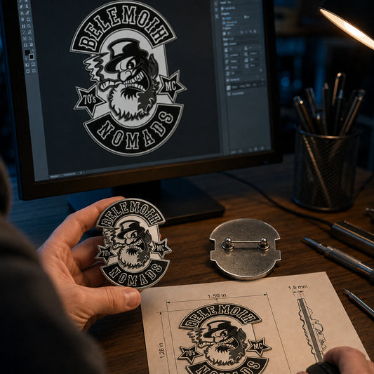 Get a free production-ready design featuring a custom metal motorcycle club badge made with an approved club logo.