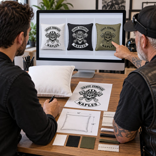 Designer presents a free custom motorcycle club cushion layout for review.