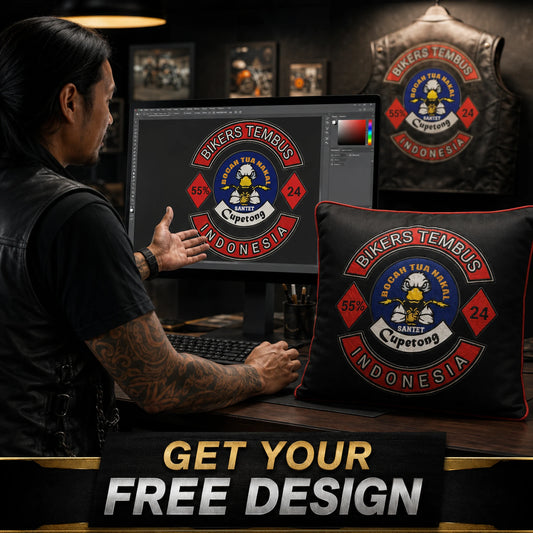 Designer presents a free custom motorcycle club cushion layout for review.