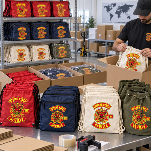 Finished motorcycle club drawstring bags are packed for worldwide event delivery.