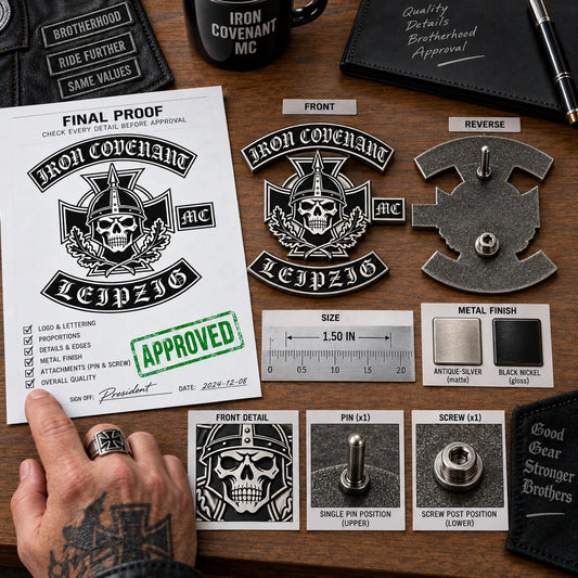 Iron Covenant Leipzig motorcycle club badge approval proof with size, finish, front, reverse, pin and screw checks.
