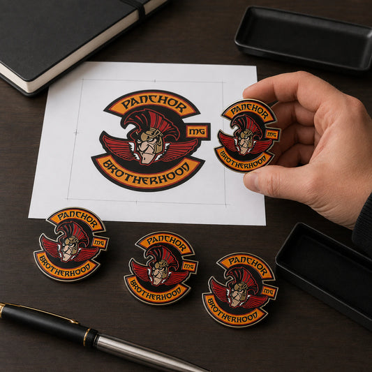 Review and approve all badge details featuring a custom metal motorcycle club badge made with an approved club logo.