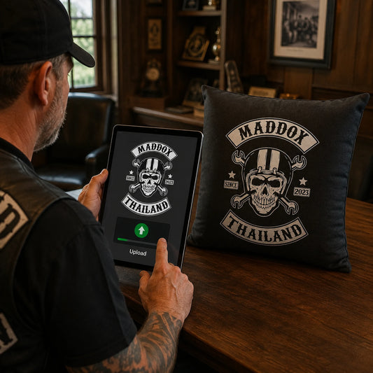 Motorcycle club officer uploads an authorized logo for a custom cushion design.