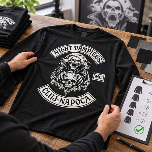 Approved motorcycle club long-sleeve sample with size and production details.