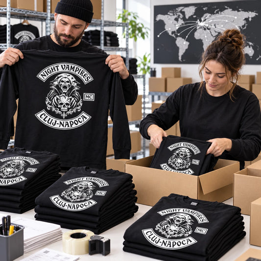 Finished custom motorcycle club long-sleeve shirts being inspected and packed for shipping.