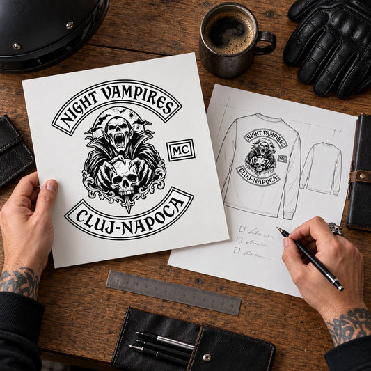 Motorcycle club artwork and long-sleeve shirt requirements submitted for custom design.